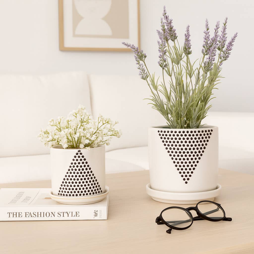 Planters Set of 2 - White Ceramic Triangle Dots, 6/8 in.