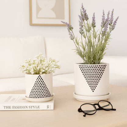 Planters Set of 2 - White Ceramic Triangle Dots, 6/8 in.
