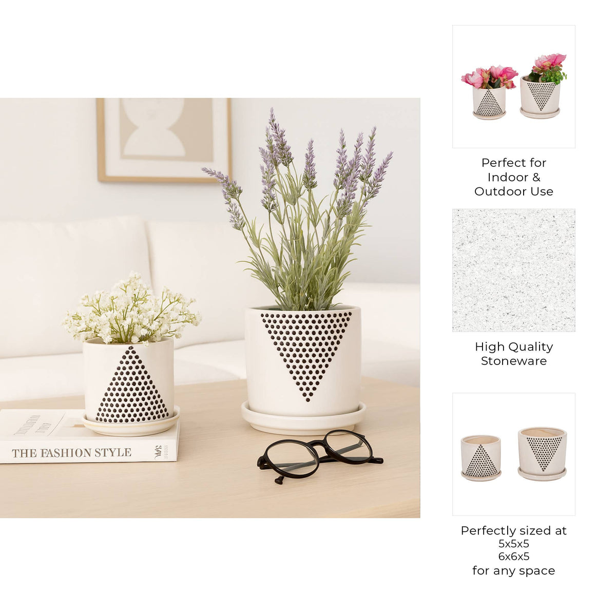 Planters Set of 2 - White Ceramic Triangle Dots, 6/8 in.