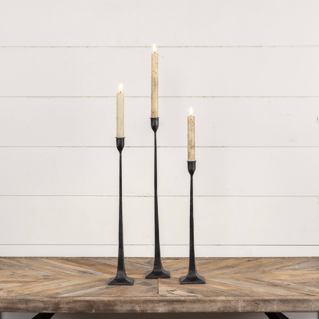 SET/ 3 FORGED BLACK TAPER CANDLESTICKS