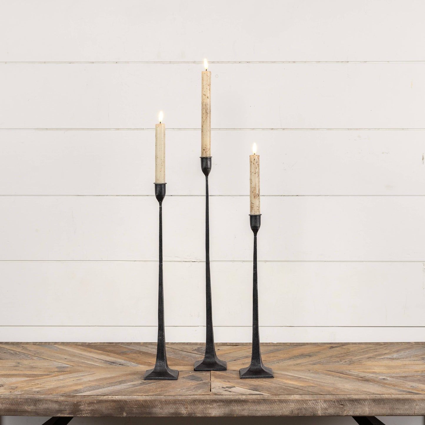 SET/ 3 FORGED BLACK TAPER CANDLESTICKS