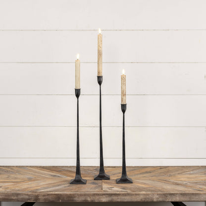 SET/ 3 FORGED BLACK TAPER CANDLESTICKS