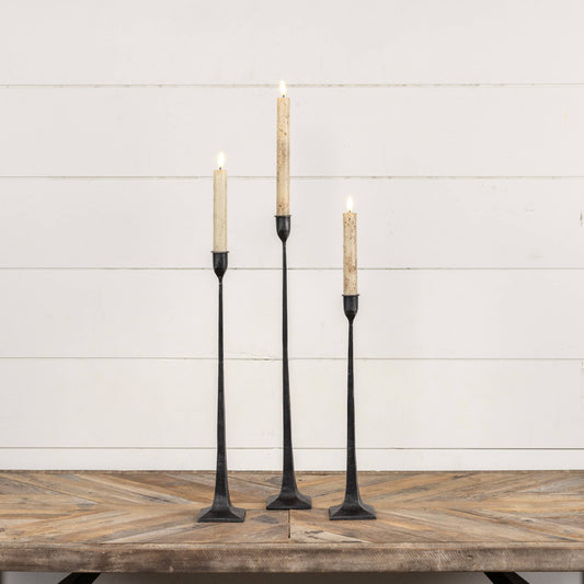 SET/ 3 FORGED BLACK TAPER CANDLESTICKS