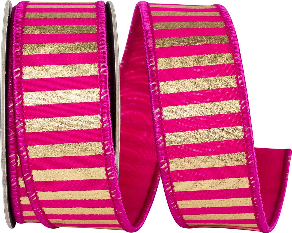 Metallic Bars Fuchsia Deluxe Wired Edge Ribbon