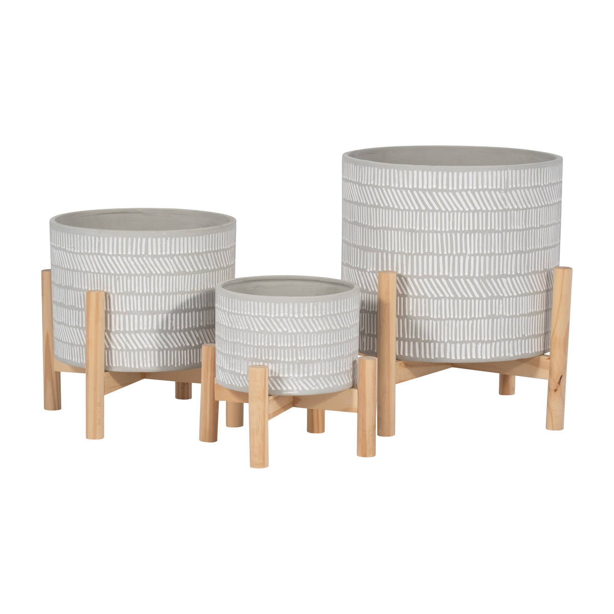 Ceramic Tribal Geometric Planter Wood Stand - Ivory, 6 in.
