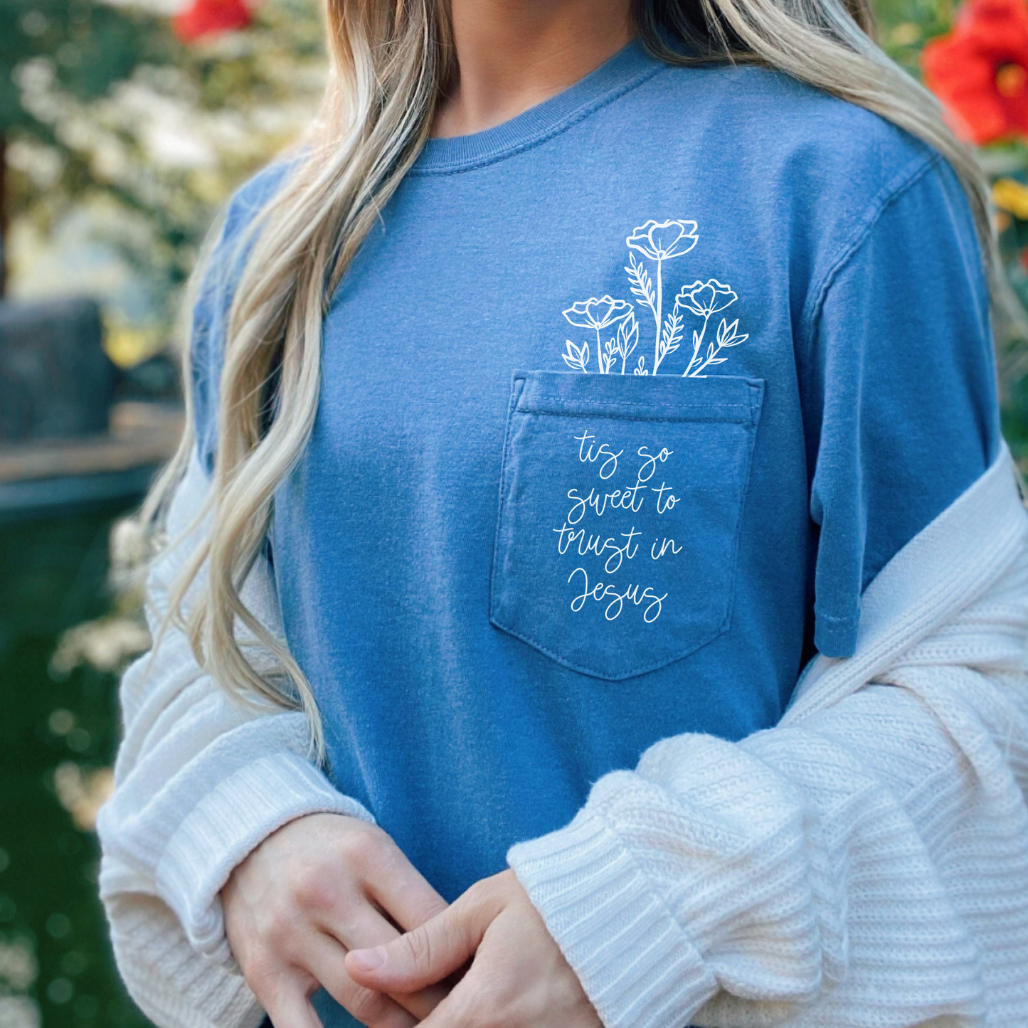 Tis So Sweet to Trust in Jesus Pocket Tee Multiple Colors