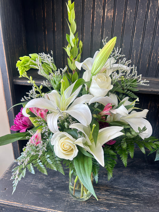 Lillies and Roses- Medium Arrangement