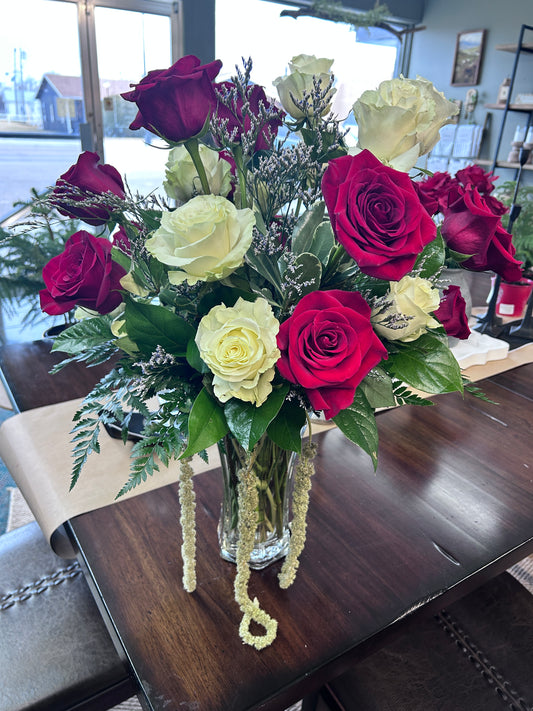 2 Dozen Roses w/ Hanging Amaranthus