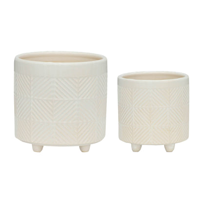 Planters Set of 2 - White Ceramic Textured Footed, 6/8 in.