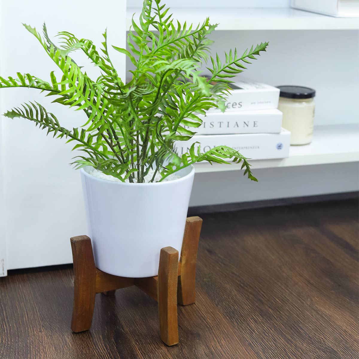 White Ceramic Pot with Wooden Stand - Pot for Houseplant
