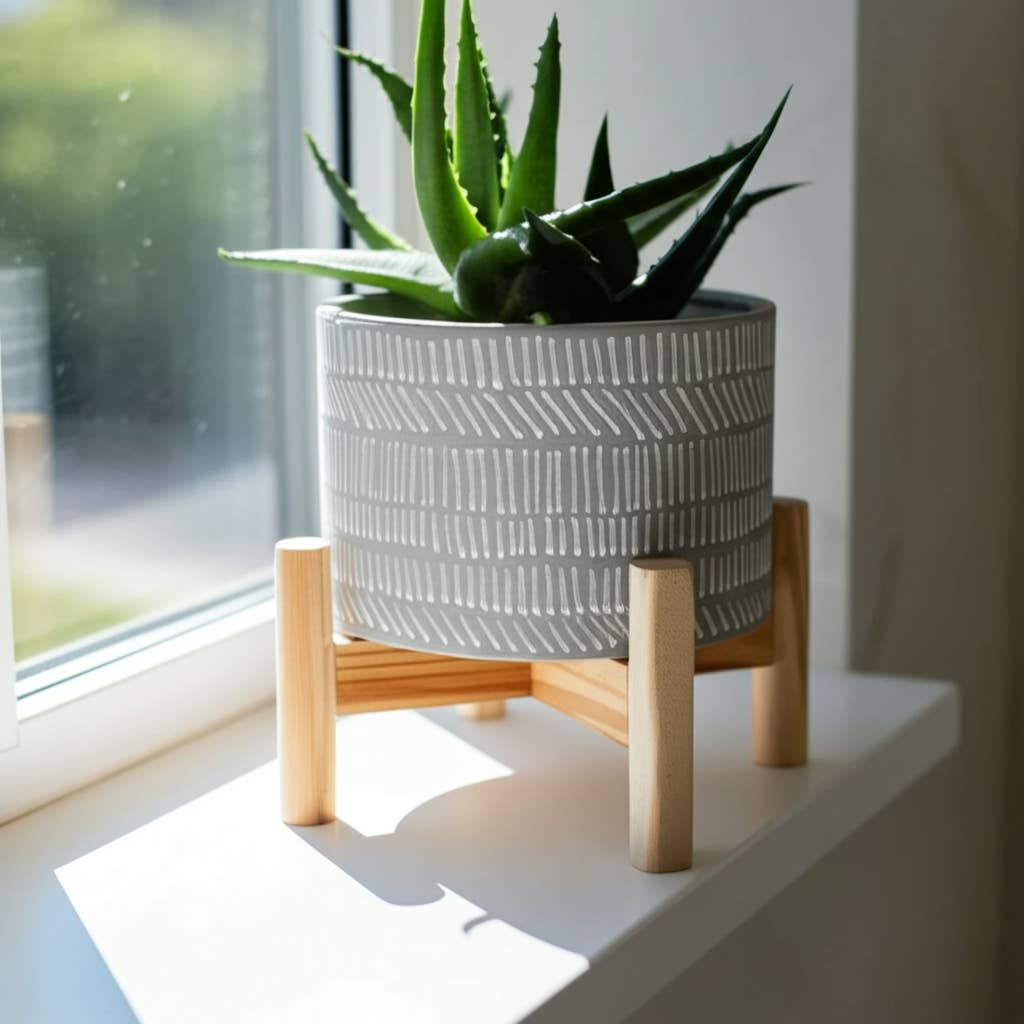Ceramic Tribal Geometric Planter Wood Stand - Ivory, 6 in.