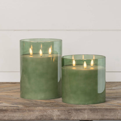 6" GREEN GLASS 3 WICK 3D FLAME CANDLE