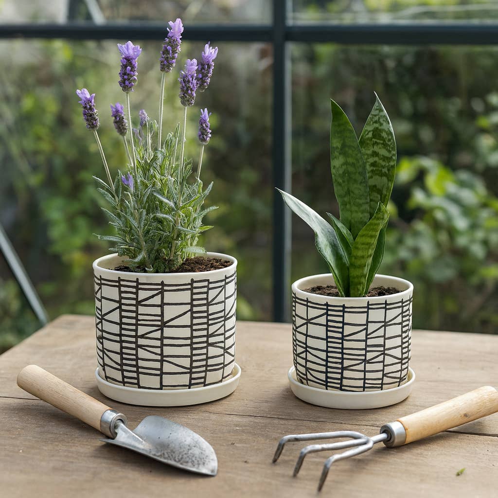 Planters Set of 2 - Beige Ceramic Geometric Saucer, 6/8 in.