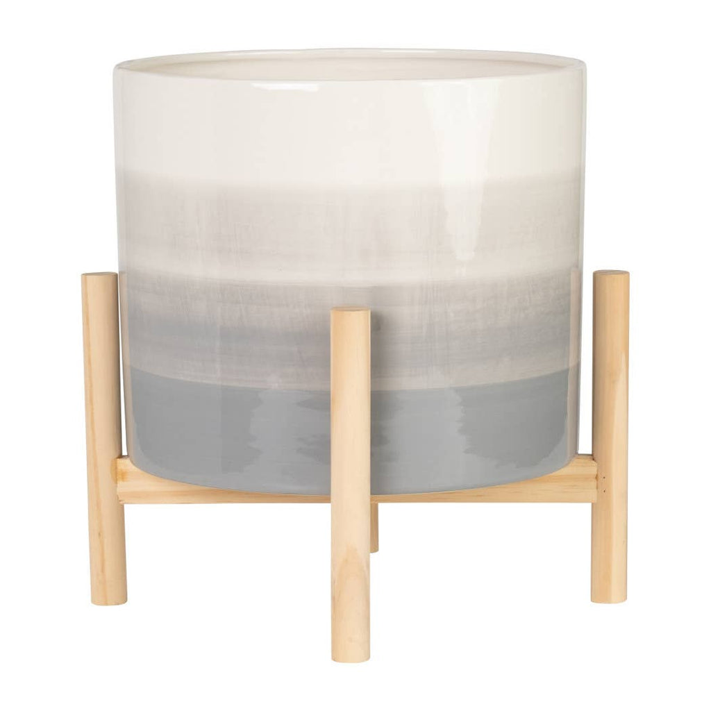 Ceramic Indoor/Outdoor Planter on Wood Stand - Beige, 12 in.