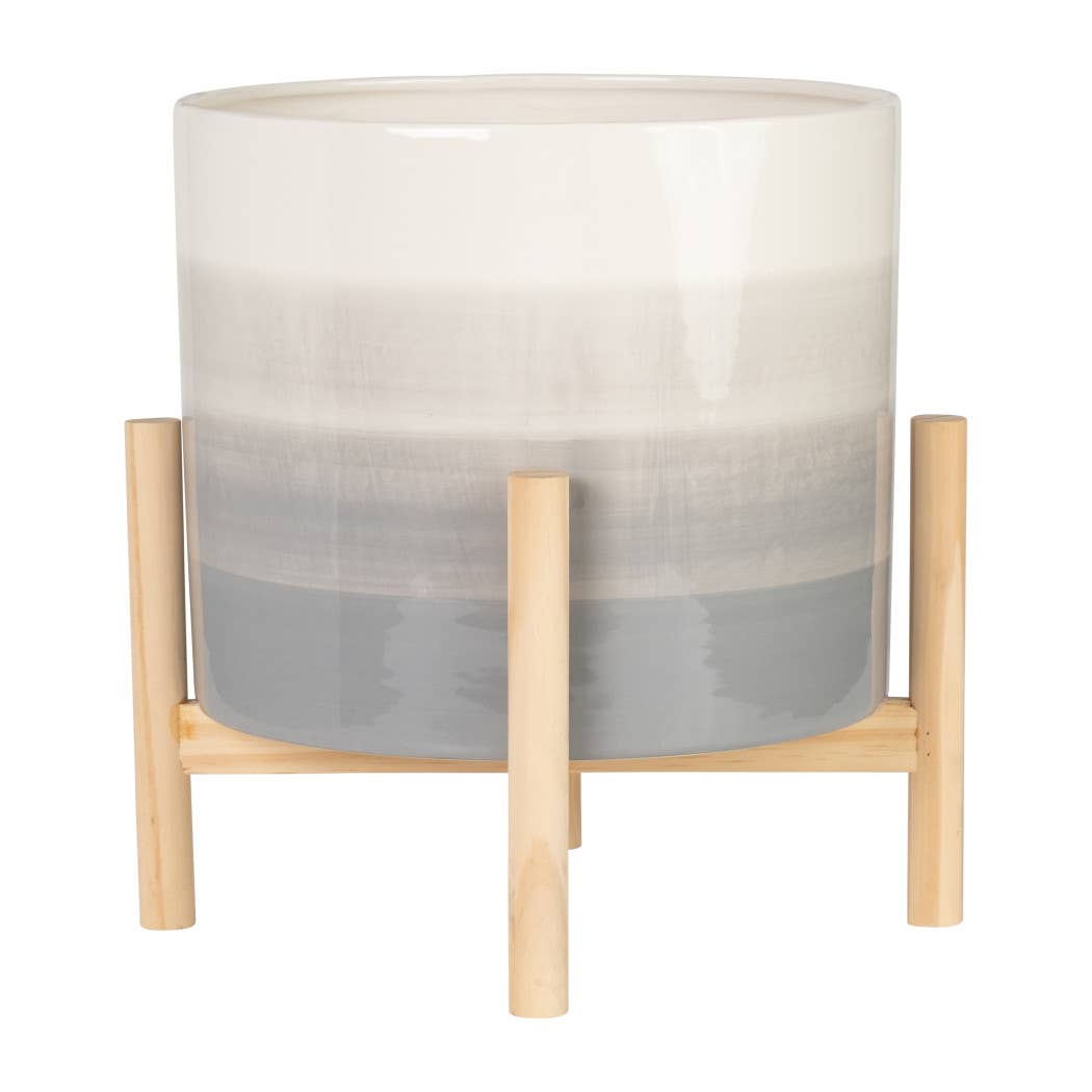 Ceramic Indoor/Outdoor Planter on Wood Stand - Beige, 12 in.