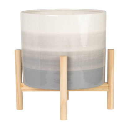 Ceramic Indoor/Outdoor Planter on Wood Stand - Beige, 12 in.