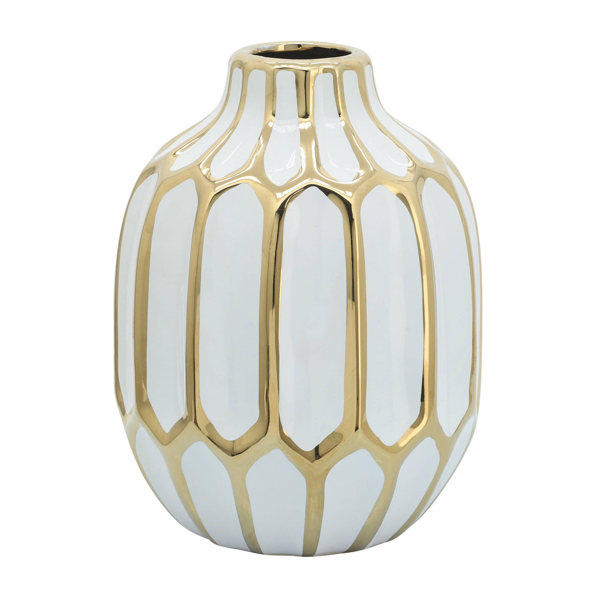 Ceramic Bud Modern Decorative Vase - White/Gold, 8 in.