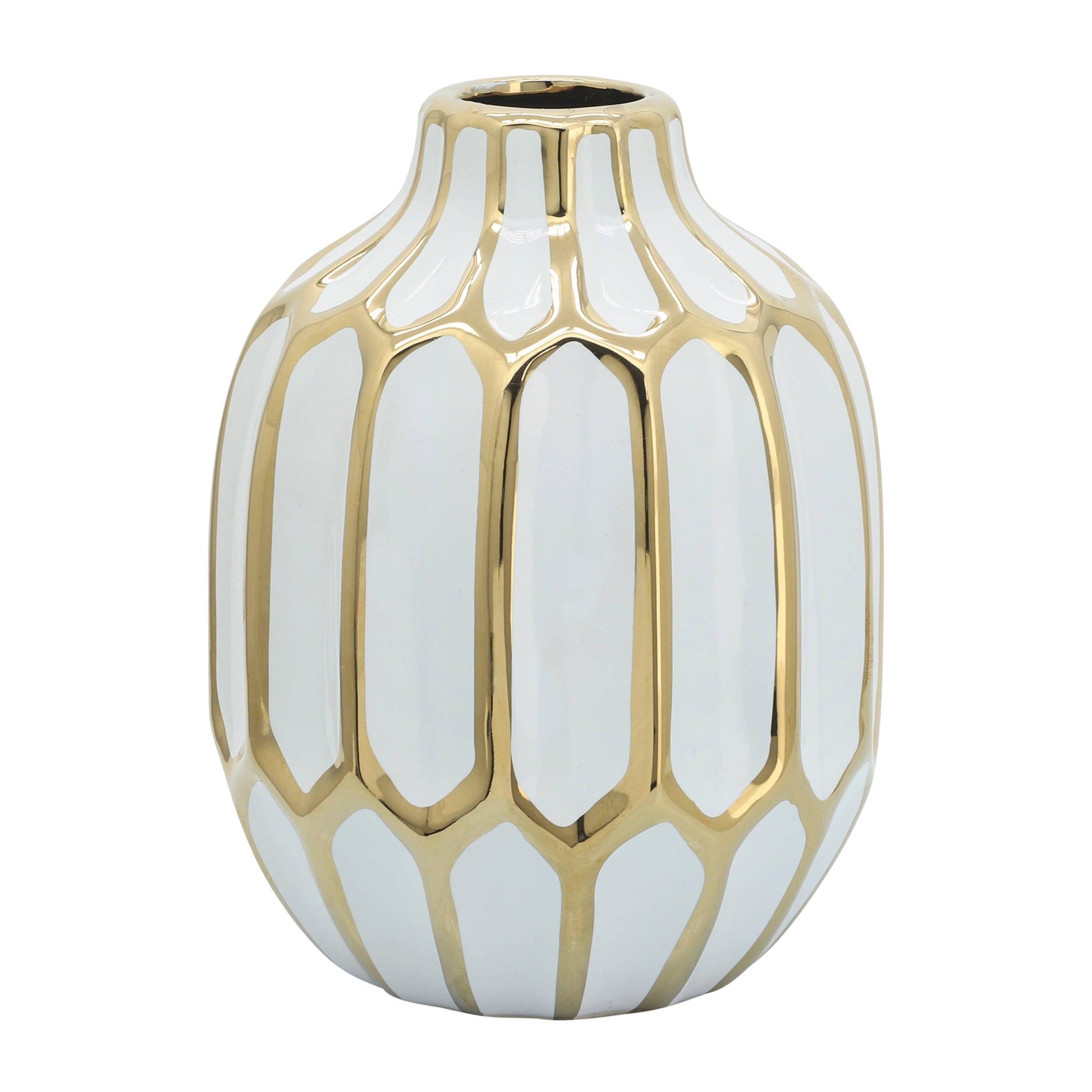 Ceramic Bud Modern Decorative Vase - White/Gold, 8 in.
