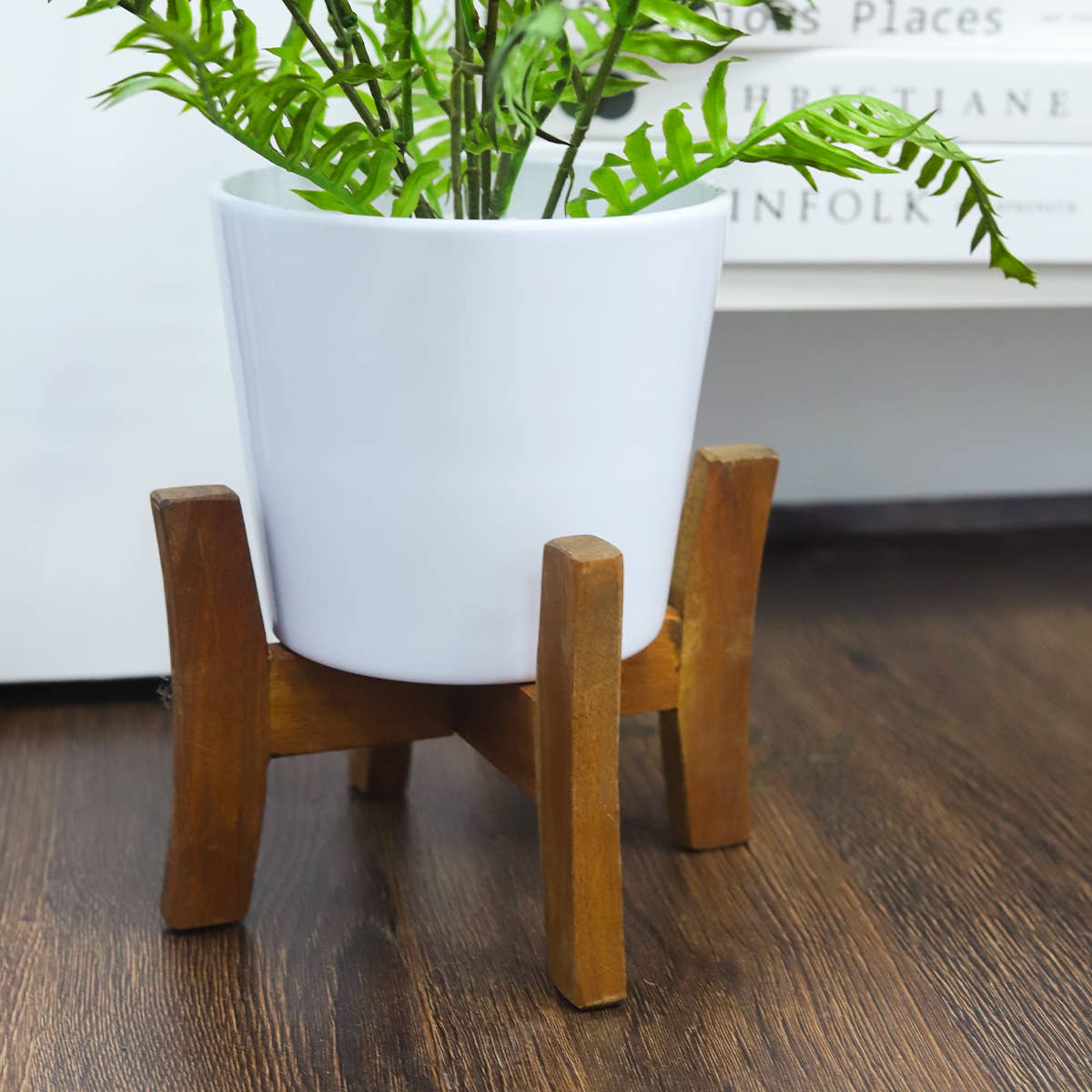 White Ceramic Pot with Wooden Stand - Pot for Houseplant