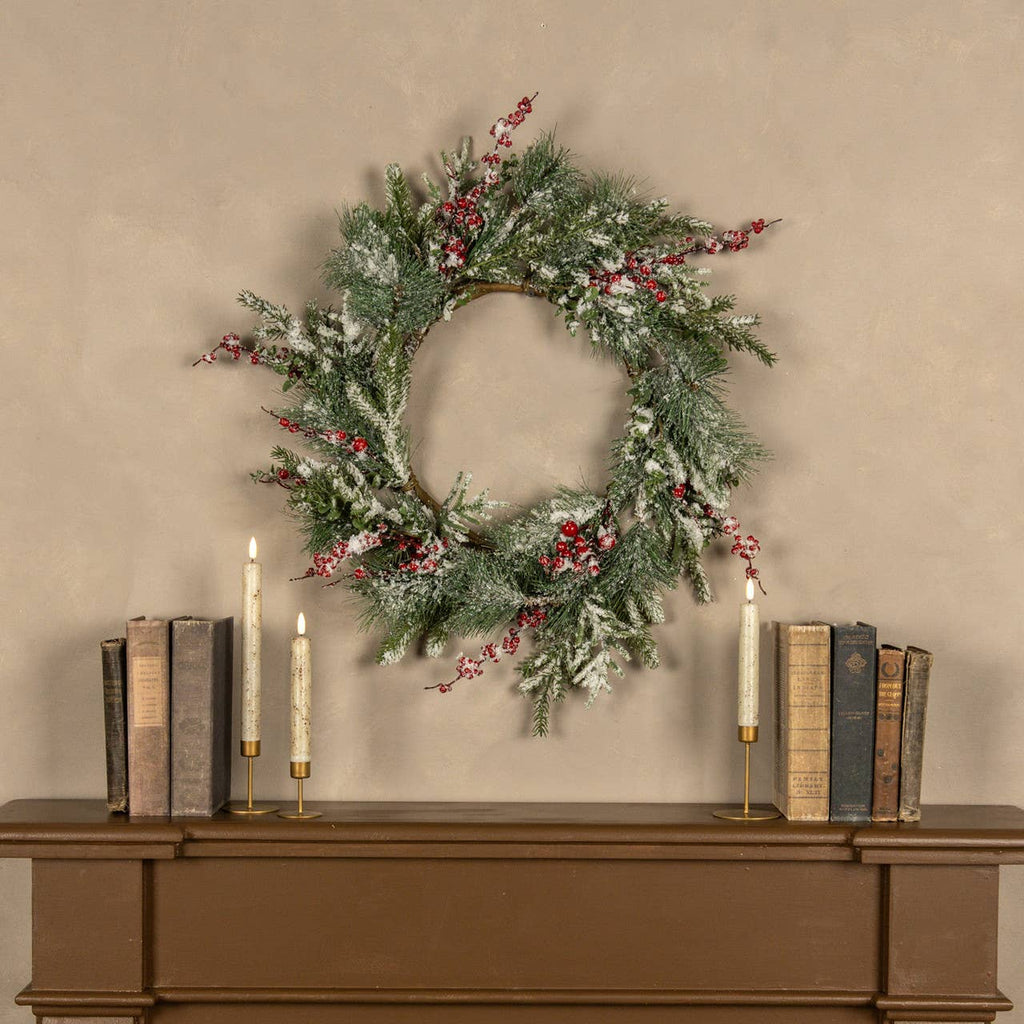 24" SNOWY EVERGREEN W/ RED BERRY WREATH