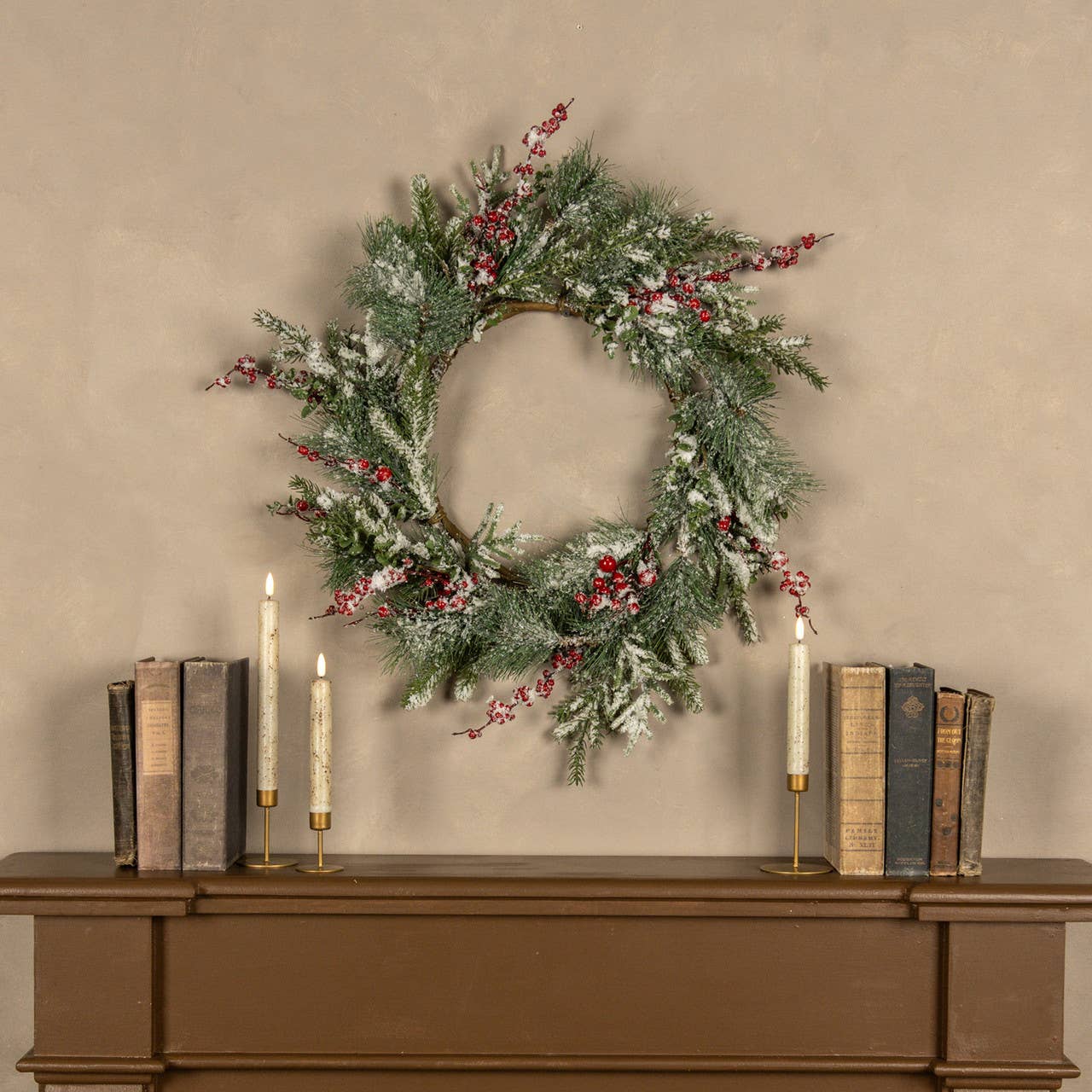 24" SNOWY EVERGREEN W/ RED BERRY WREATH