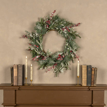 24" SNOWY EVERGREEN W/ RED BERRY WREATH