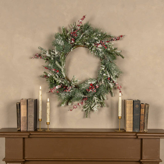 24" SNOWY EVERGREEN W/ RED BERRY WREATH