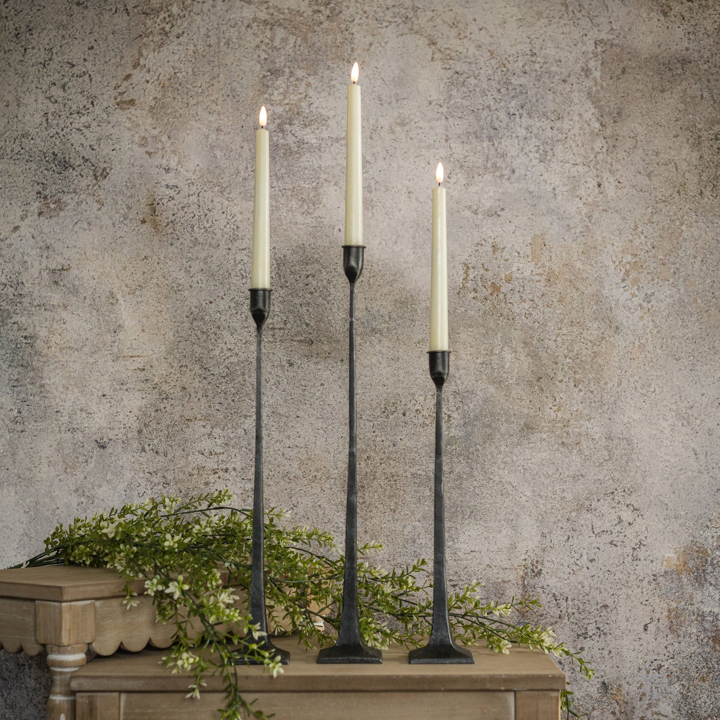 SET/ 3 FORGED BLACK TAPER CANDLESTICKS