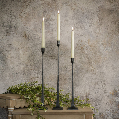 SET/ 3 FORGED BLACK TAPER CANDLESTICKS
