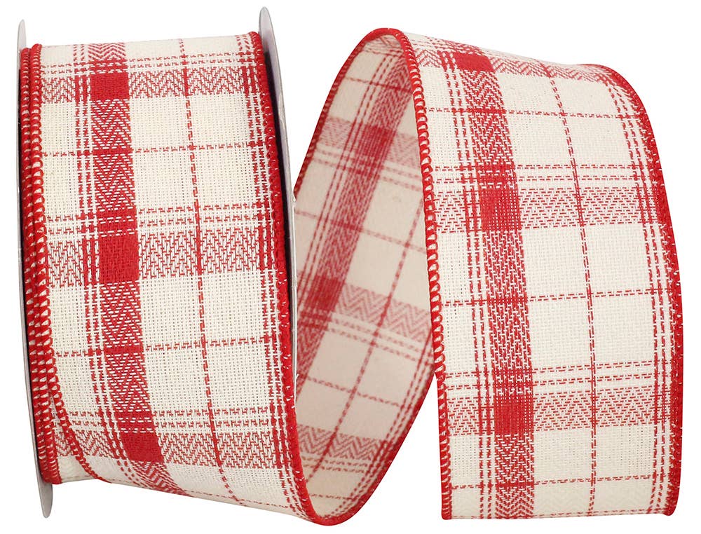 Plaid Herringbone Twill Spearmint Wired Edge, Cream/red