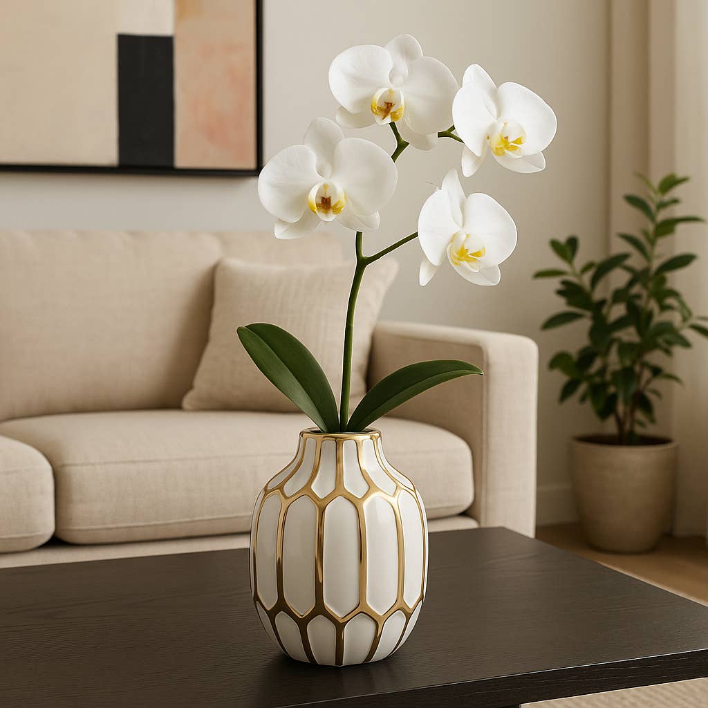 Ceramic Bud Modern Decorative Vase - White/Gold, 8 in.