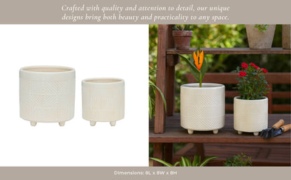 Planters Set of 2 - White Ceramic Textured Footed, 6/8 in.