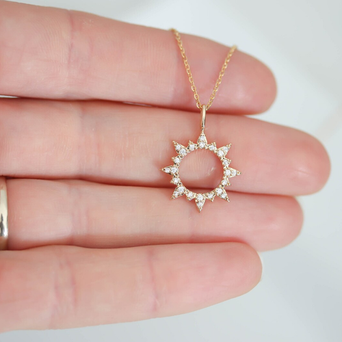 "Arise, Shine" 14k Gold Cubic Zirconia Sun Charm Necklace