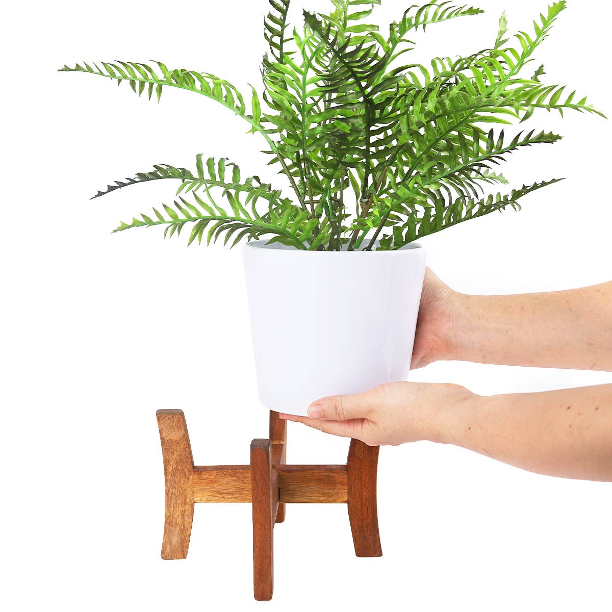 White Ceramic Pot with Wooden Stand - Pot for Houseplant