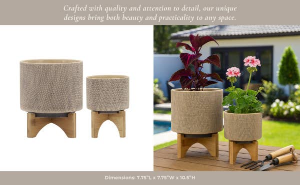 Planters On Stands Set of 2 - Tan Ceramic Mesh, 5/8 in.