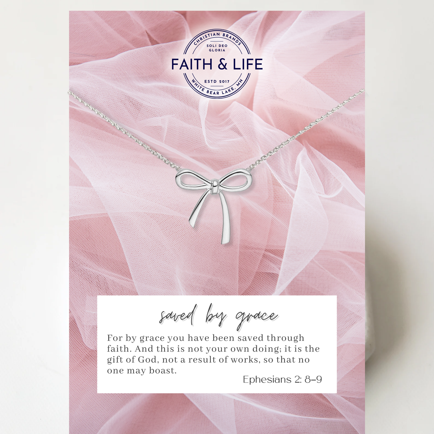 Dainty "Saved By Grace" 14k Gold Inspirational Bow Necklace