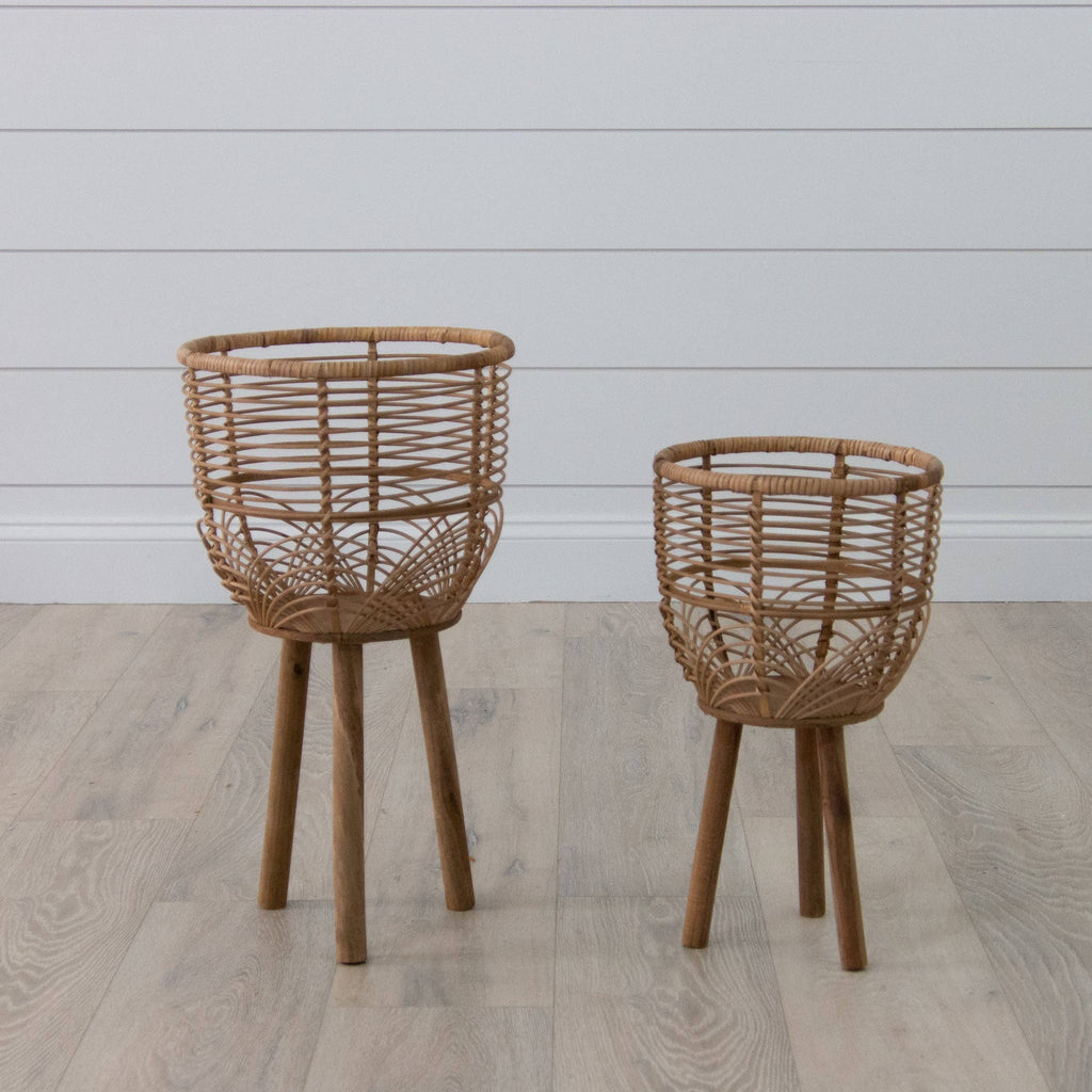 Woven Rattan Footed Baskets (Set Of 02)