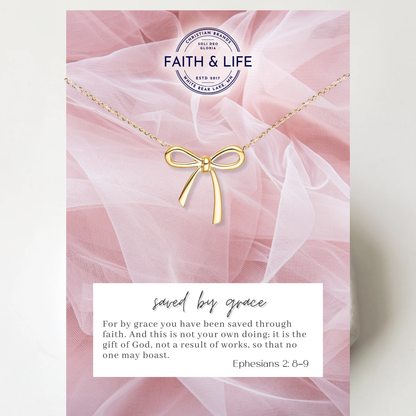 Dainty "Saved By Grace" 14k Gold Inspirational Bow Necklace