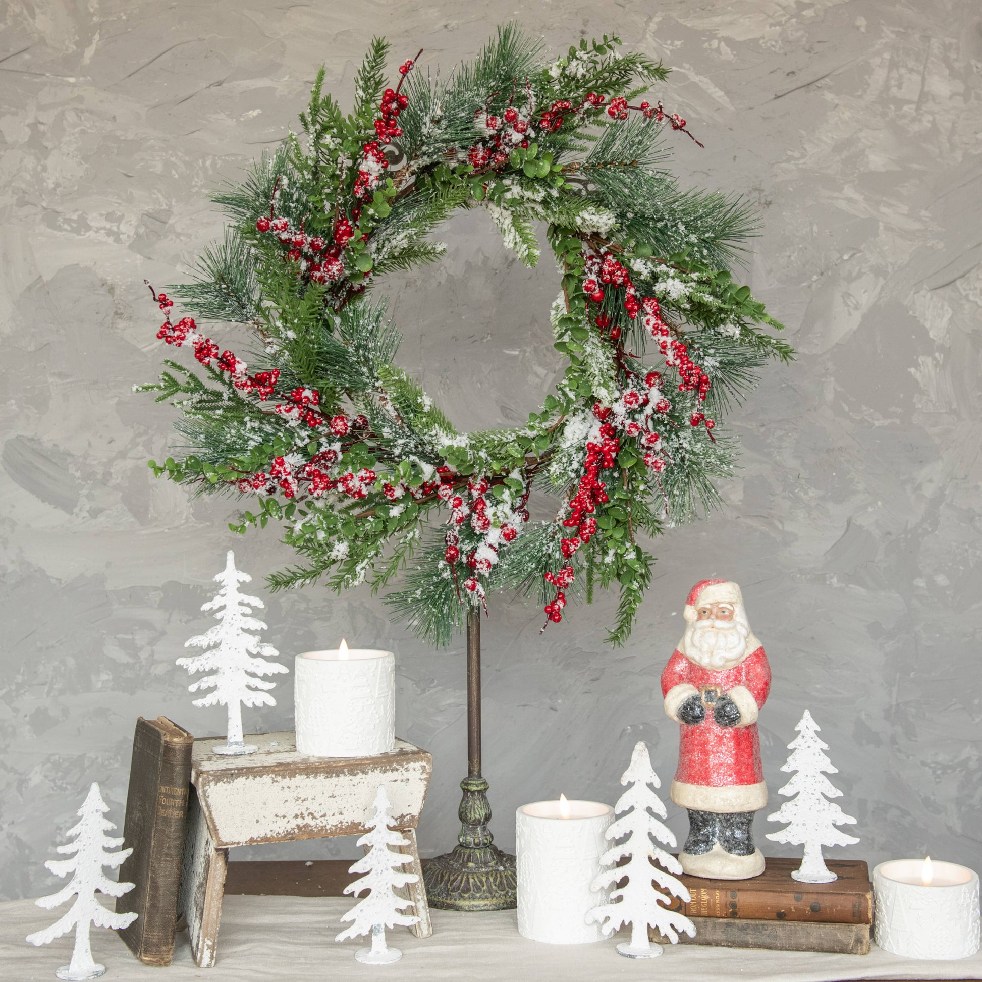 24" SNOWY EVERGREEN W/ RED BERRY WREATH