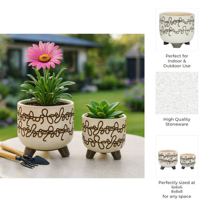 Planters Set of 2 - Beige Ceramic Scribble Footed, 6/8 in.