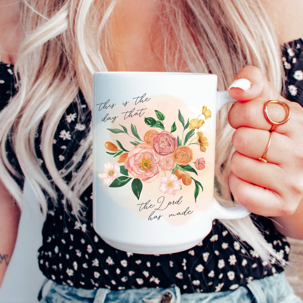 This is The Day Watercolor Floral Christian 15oz Ceramic Coffee Mug