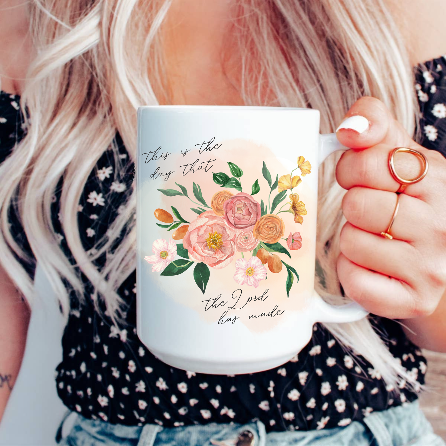 This is The Day Watercolor Floral Christian 15oz Ceramic Coffee Mug