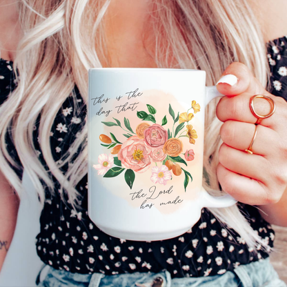 This is The Day Watercolor Floral Christian 15oz Ceramic Coffee Mug