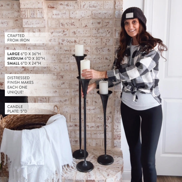 Tall Flared Black Iron Candle Holders, Set of 3