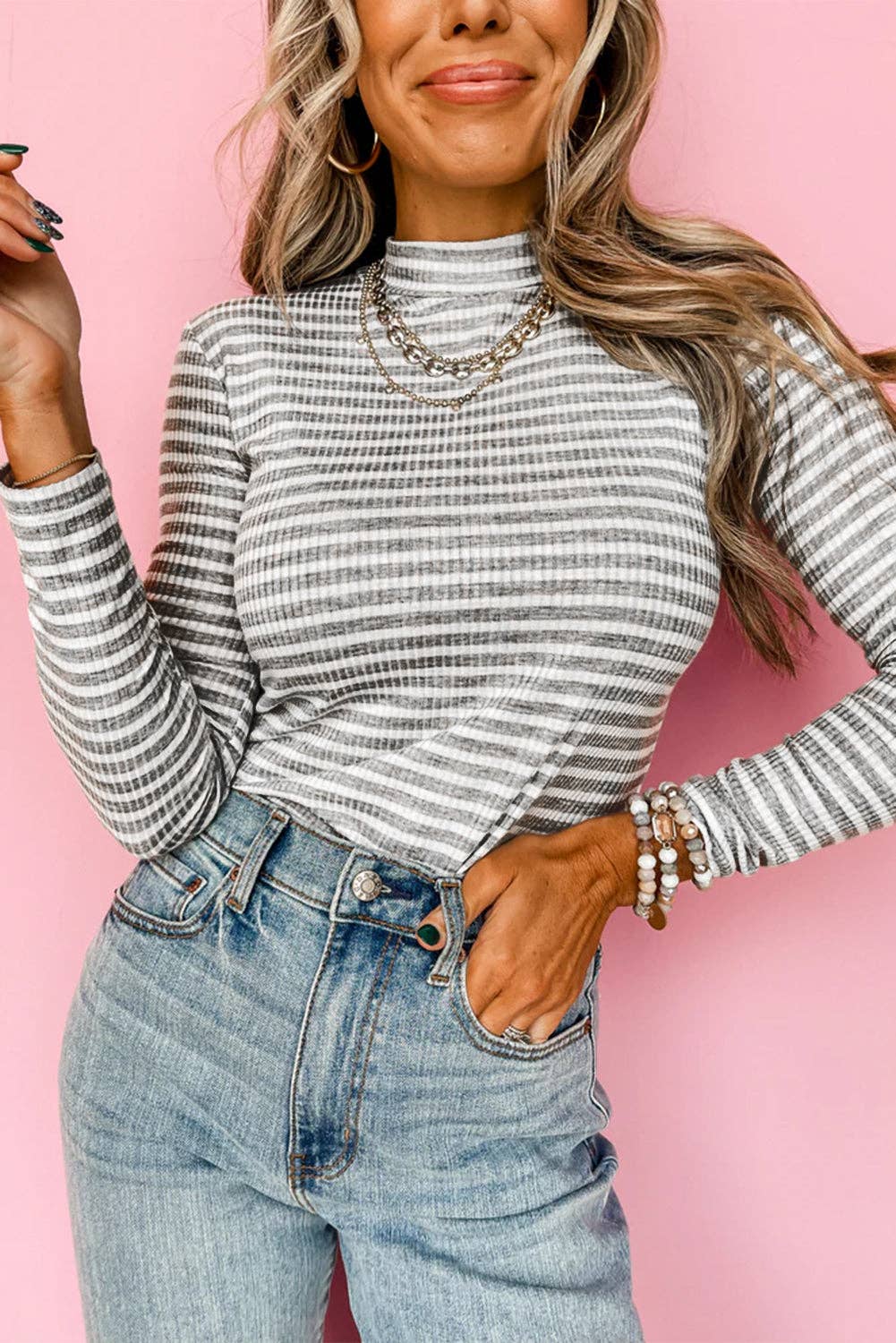 Gray Stripe Ribbed High Neck Slim Fit Long Sleeve Top