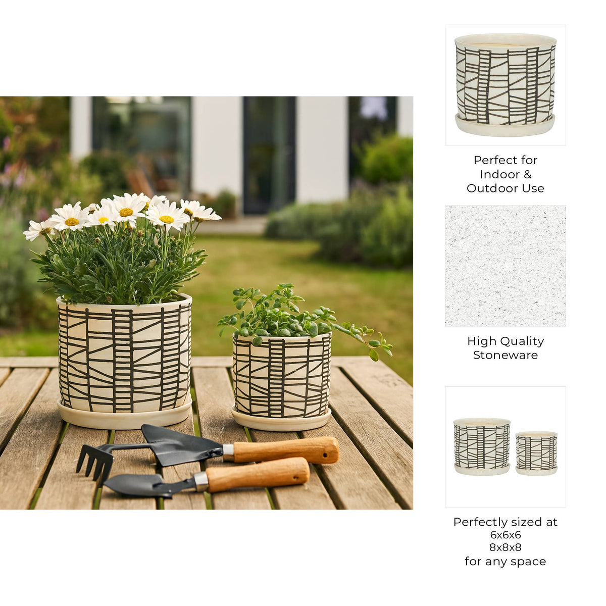 Planters Set of 2 - Beige Ceramic Geometric Saucer, 6/8 in.