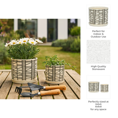 Planters Set of 2 - Beige Ceramic Geometric Saucer, 6/8 in.