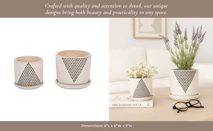 Planters Set of 2 - White Ceramic Triangle Dots, 6/8 in.