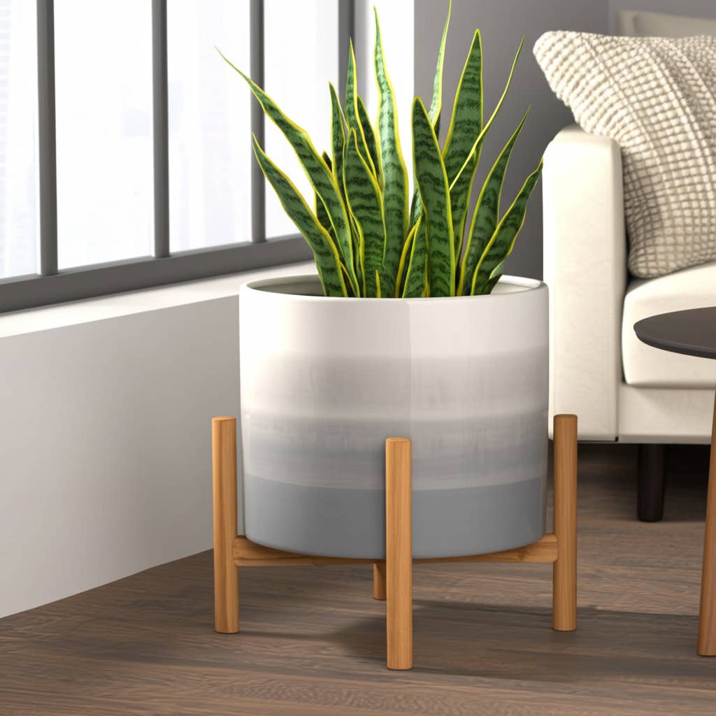 Ceramic Indoor/Outdoor Planter on Wood Stand - Beige, 12 in.