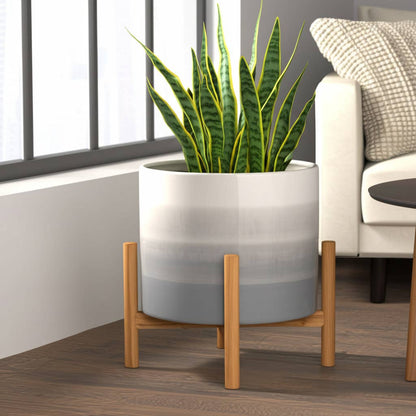 Ceramic Indoor/Outdoor Planter on Wood Stand - Beige, 12 in.
